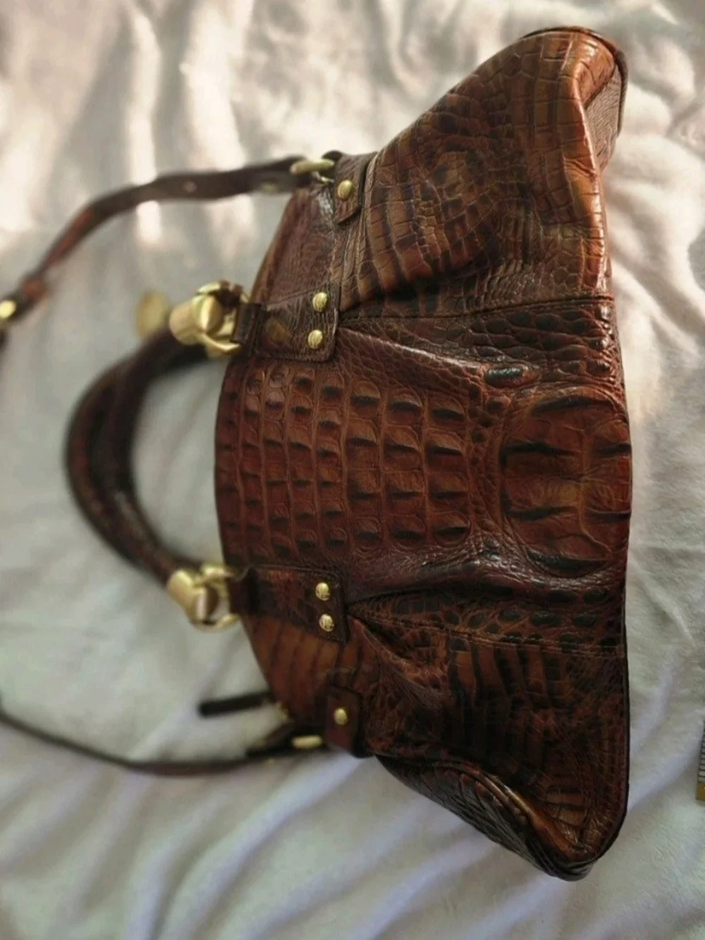 Brahmin Women's Brown Embossed Croc-Style Satchel Top Handle Bag Gold Hardware